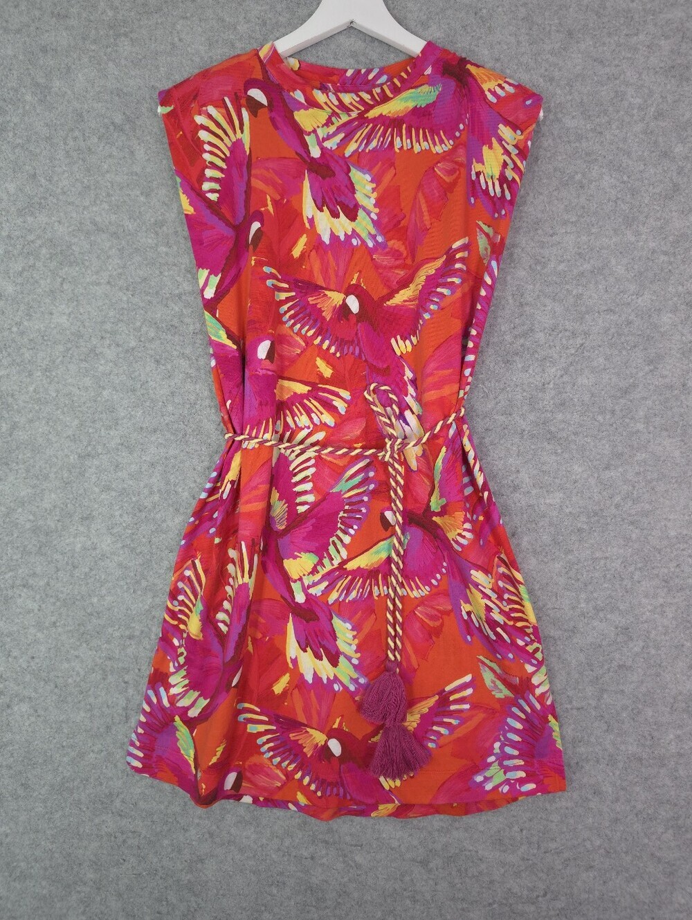 FARM Rio Orange Flying Birds Organic Cotton Jersy Mini Dress Padded Shoulders - Picture 2 of 9